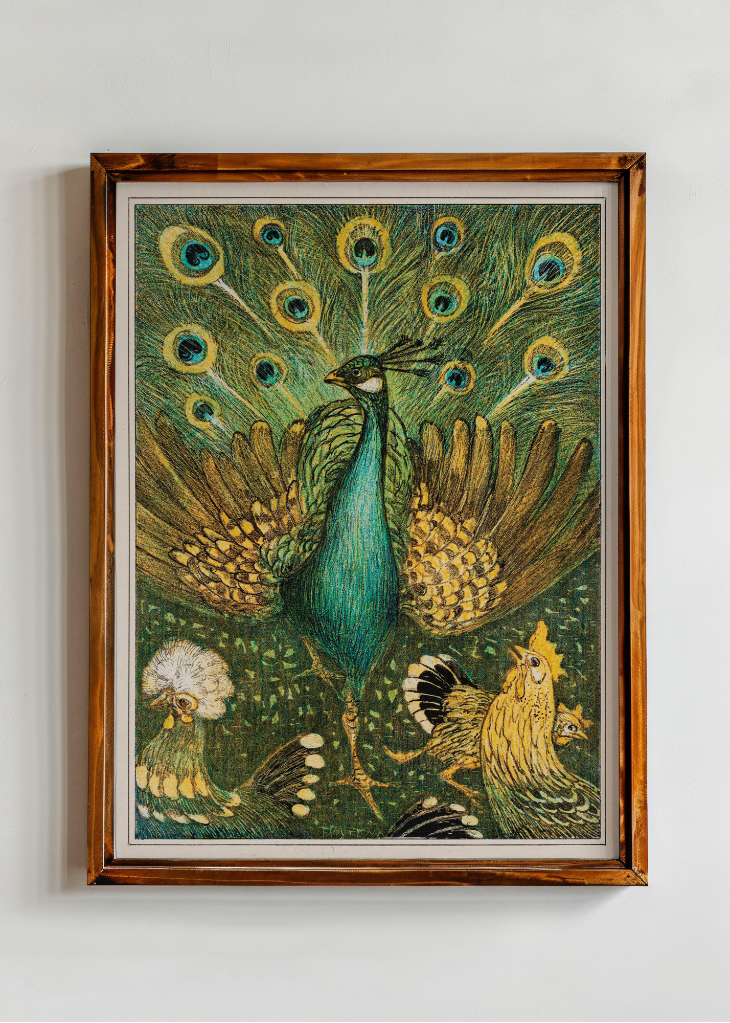 Framed artwork of a peacock with detailed feathers on a white wall