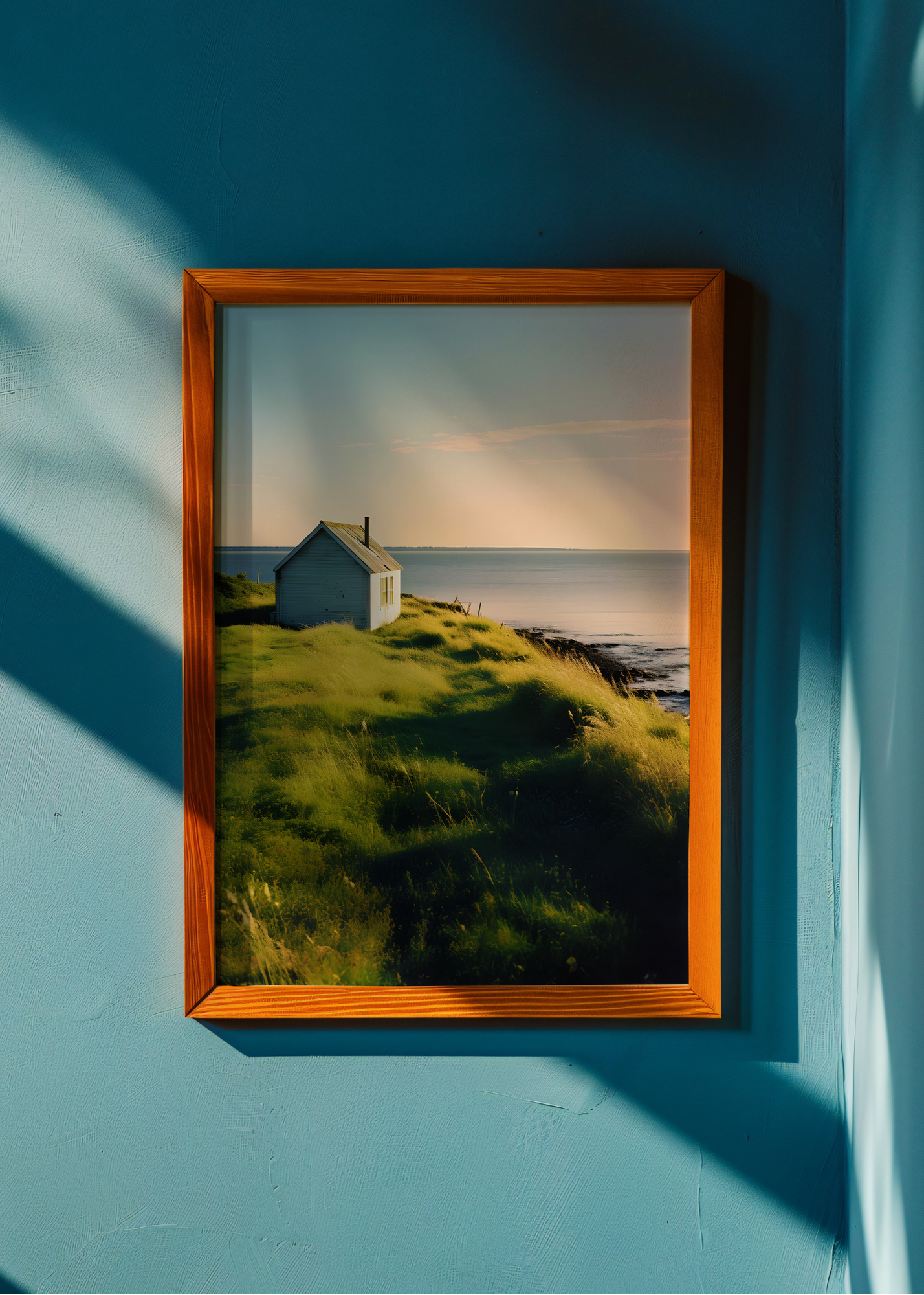 Framed photograph of a coastal scene with a house on a grassy hill against a blue sky