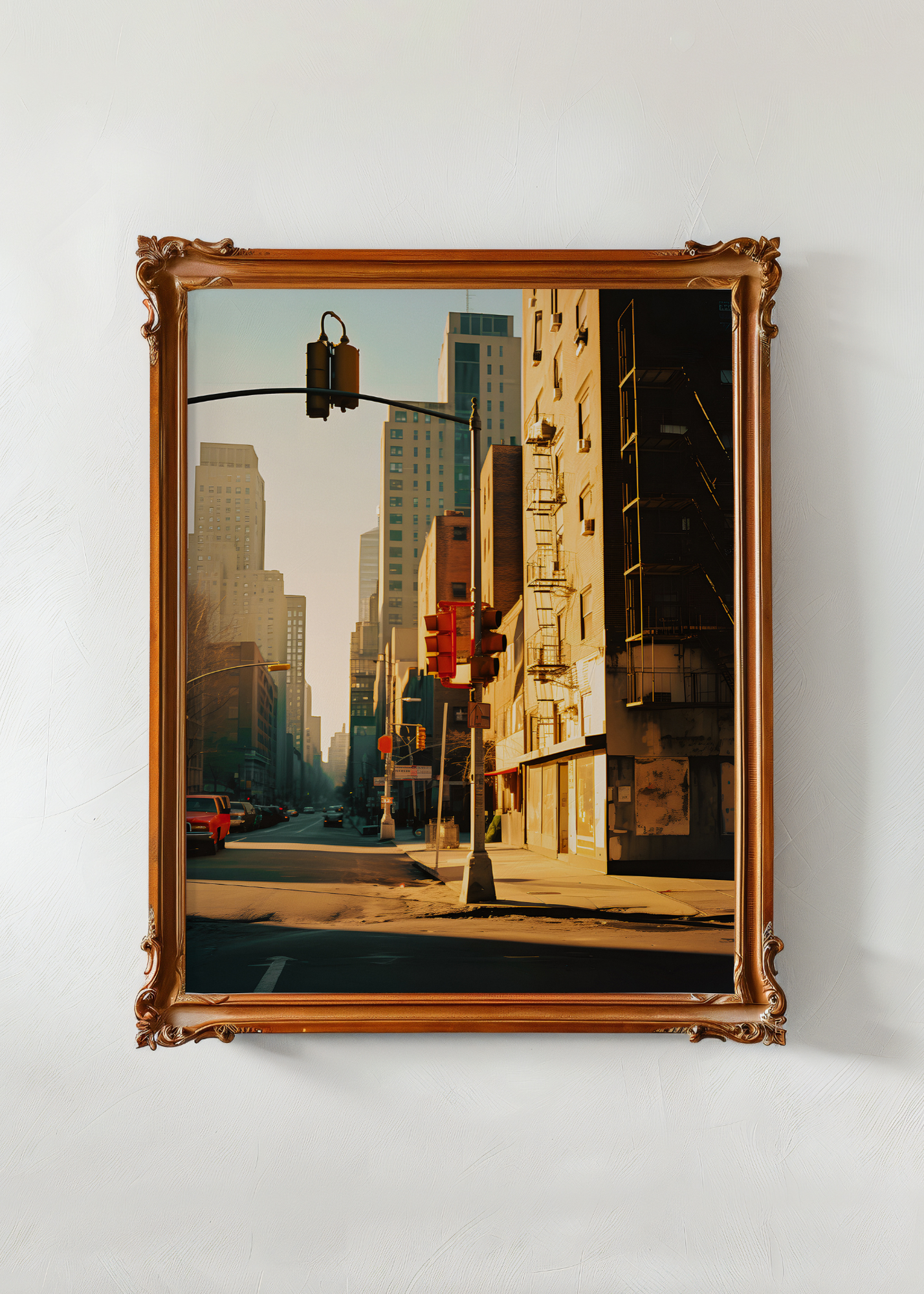 Framed photograph of a city street scene with tall buildings and traffic lights.