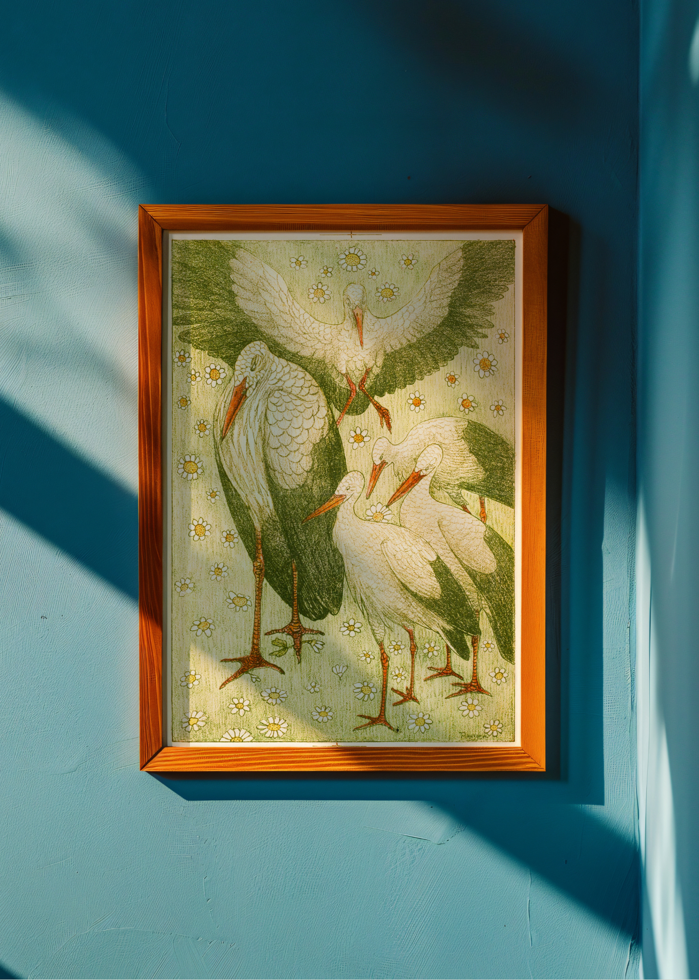 Five Storks in A Meadow— Digital Art Print