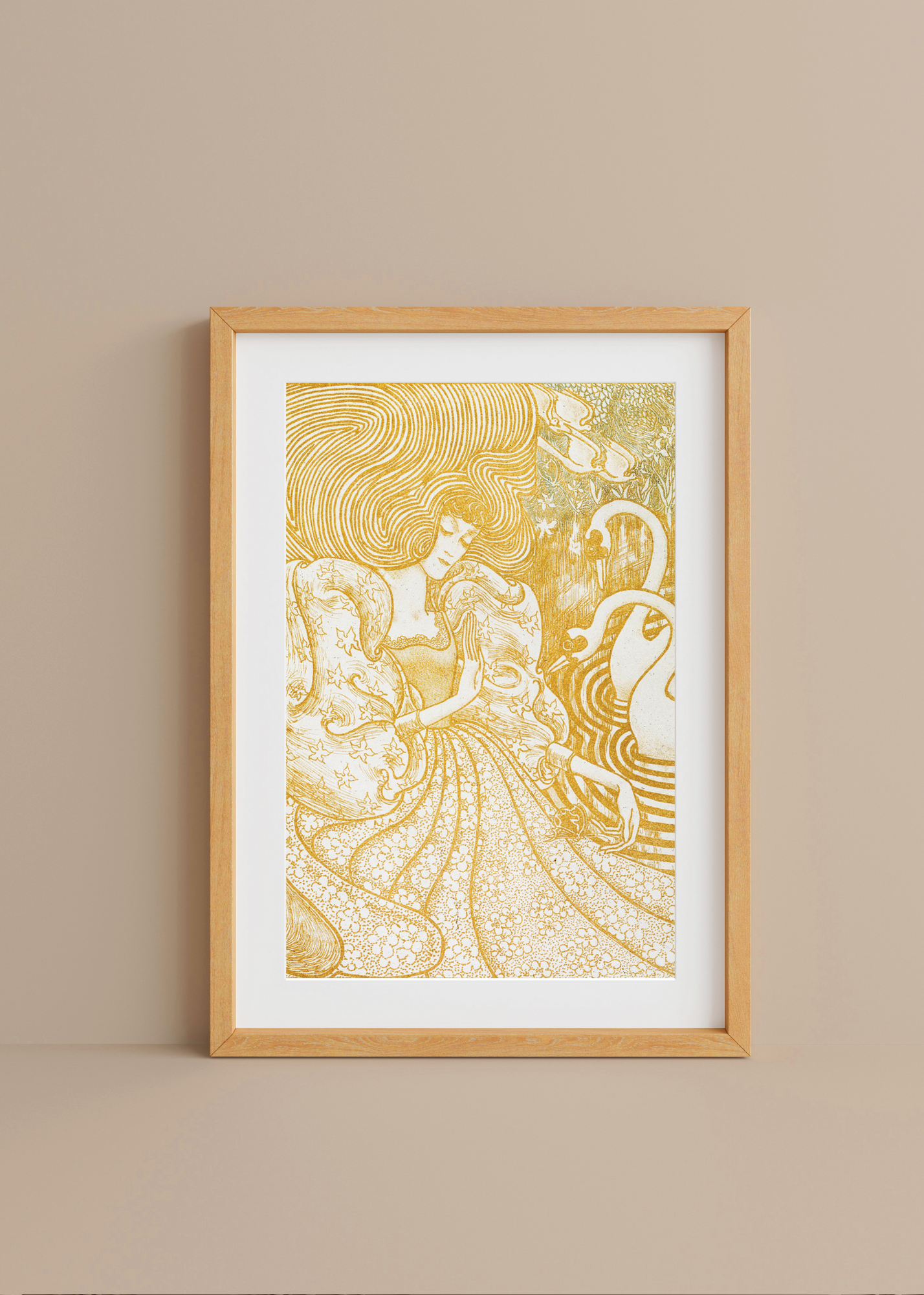 Woman with a Butterfly at a Pond with Two Swans— Digital Art Print
