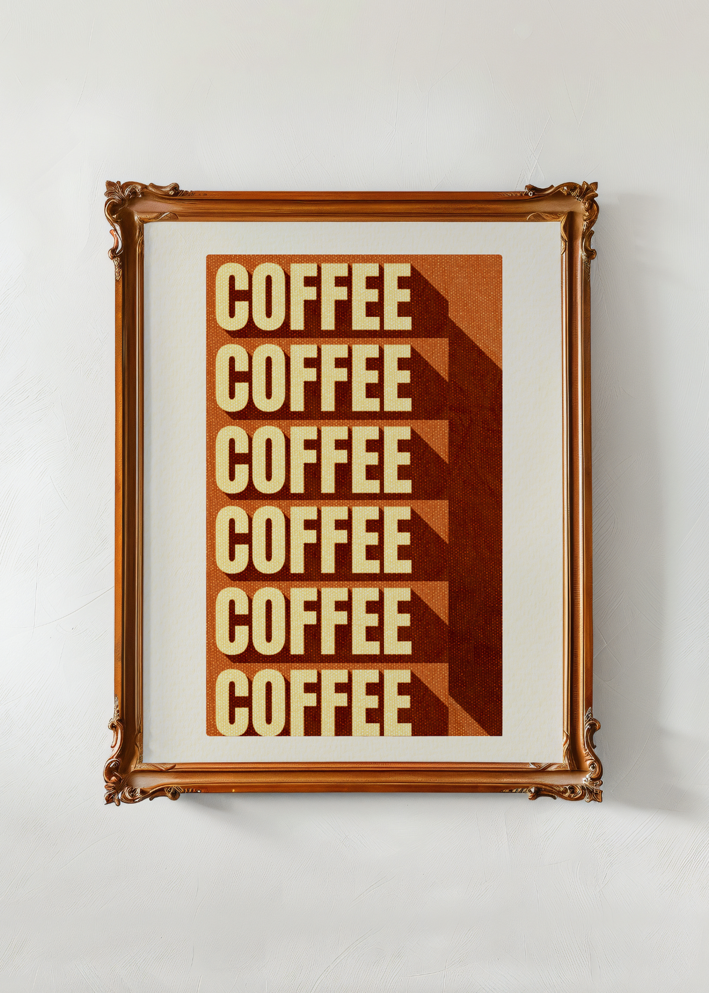 Framed artwork with 'COFFEE' text in a stylized design on a white wall.