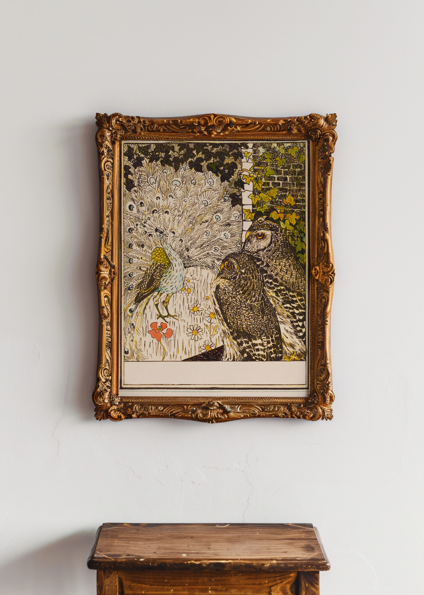 Showing Off Peacock and Two Owls— Digital Art Print