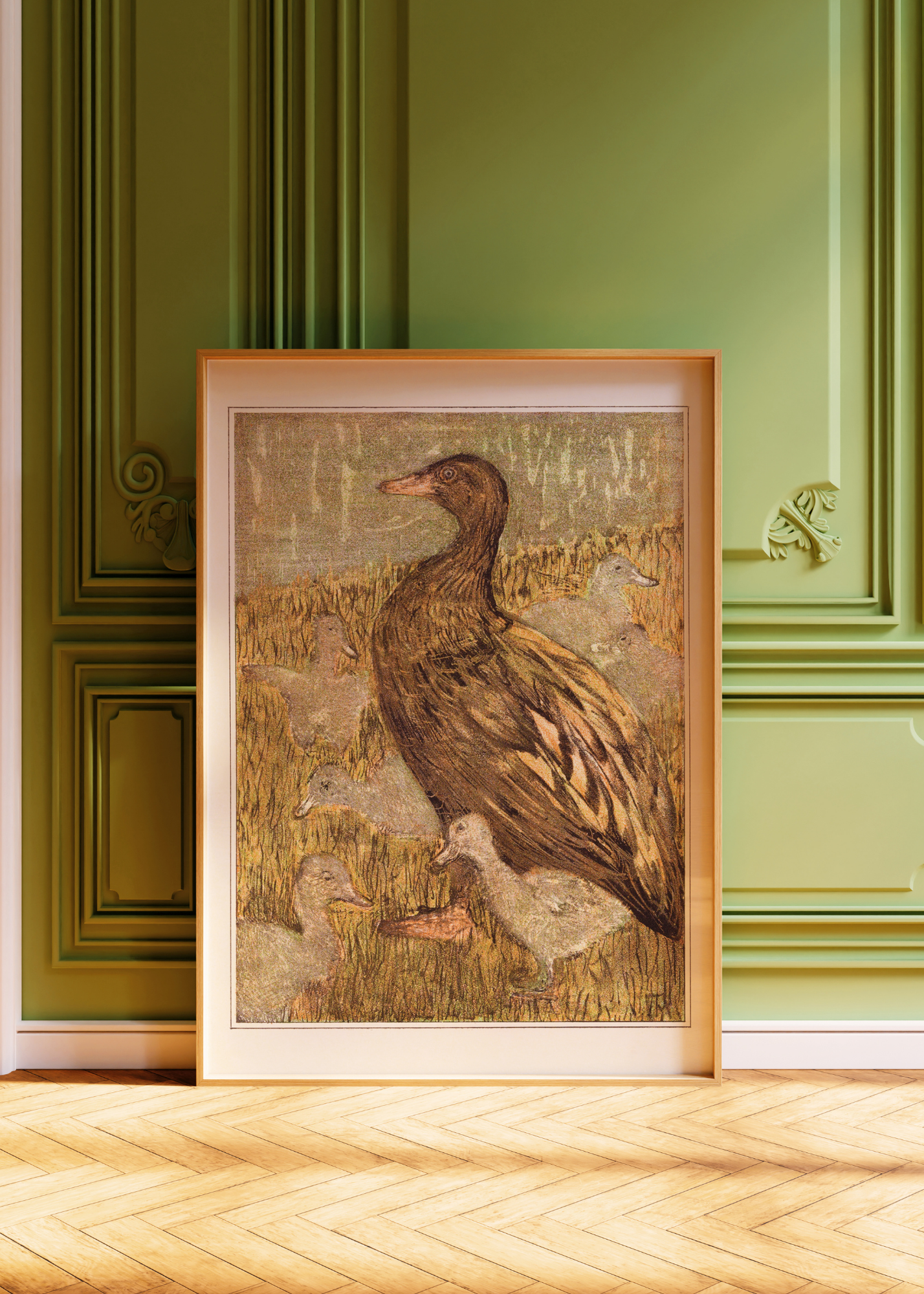 Duck with Chicks at the Waterfront— Digital Art Print
