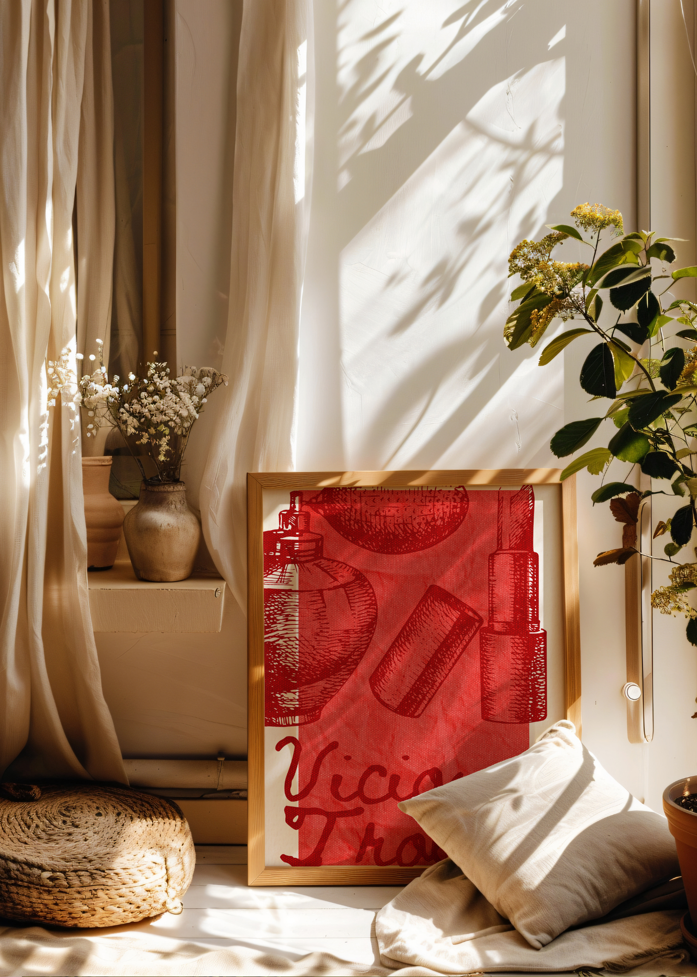 Gilmore Girls framed artwork with red design and 'Vicious Trollop' text on a light-colored wall with plants and decor.