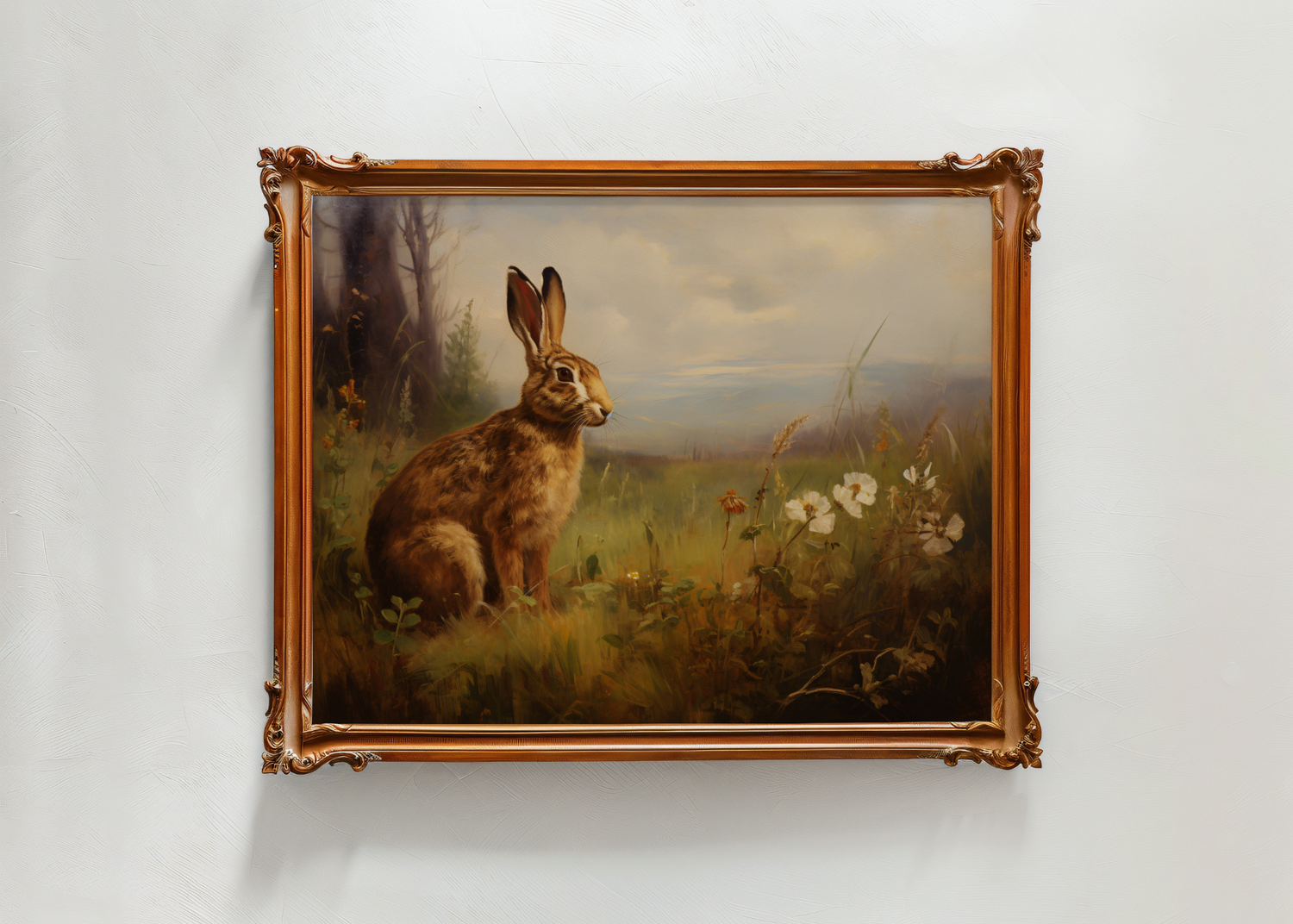Painting of a rabbit in a natural setting with a gold frame on a white wall.