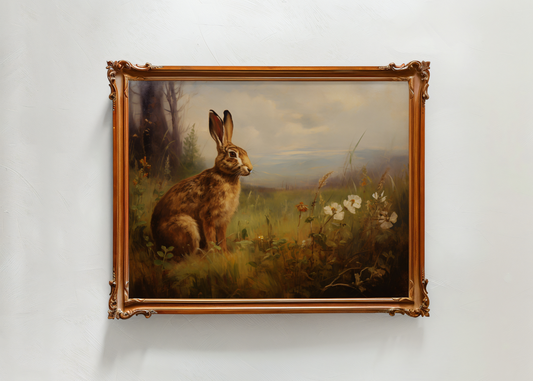 Painting of a rabbit in a natural setting with a gold frame on a white wall.