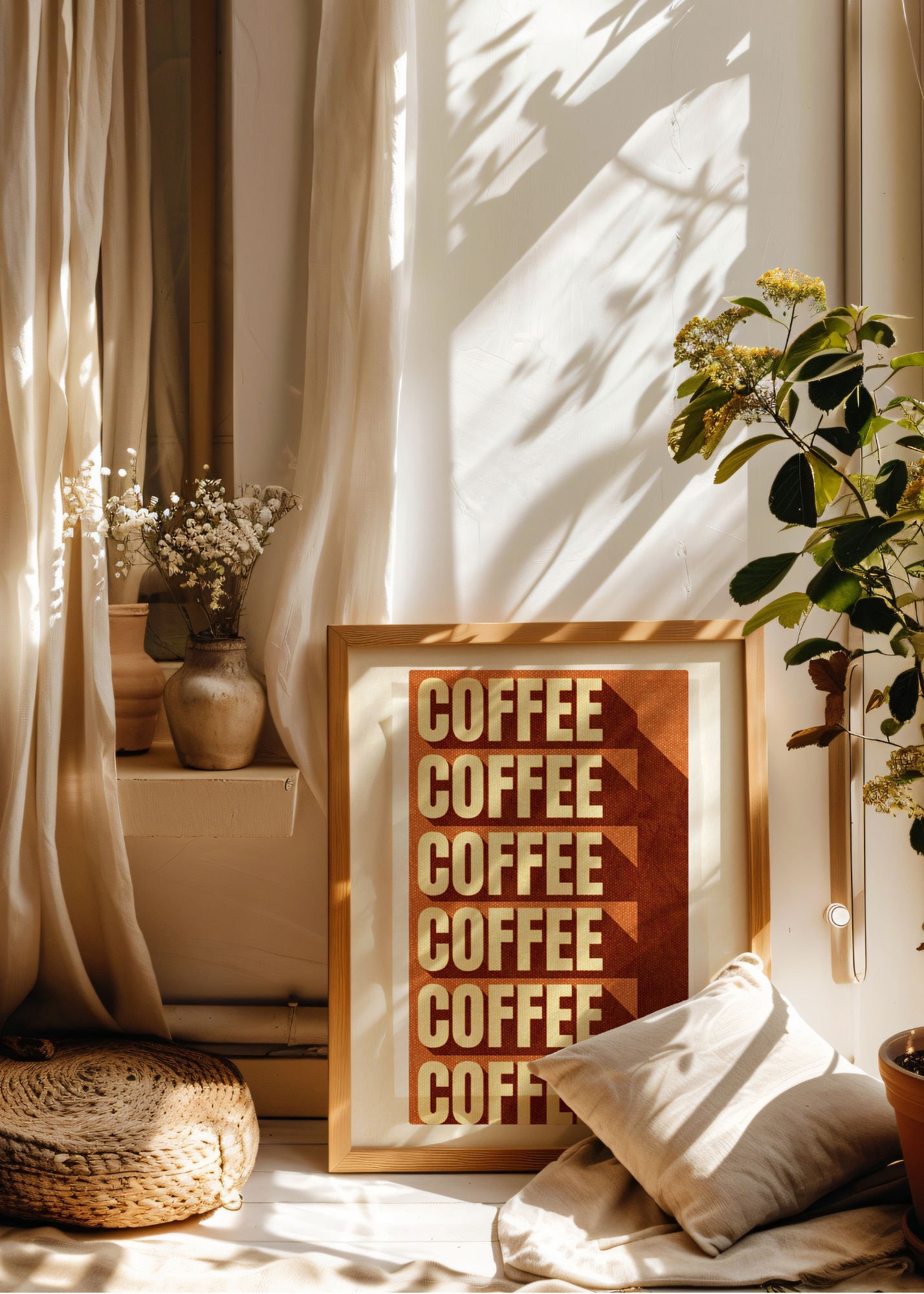 Framed artwork with 'COFFEE' text in a cozy room with plants and pillows.