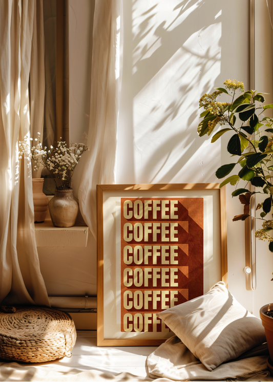 Framed artwork with 'COFFEE' text in a cozy room with plants and pillows.