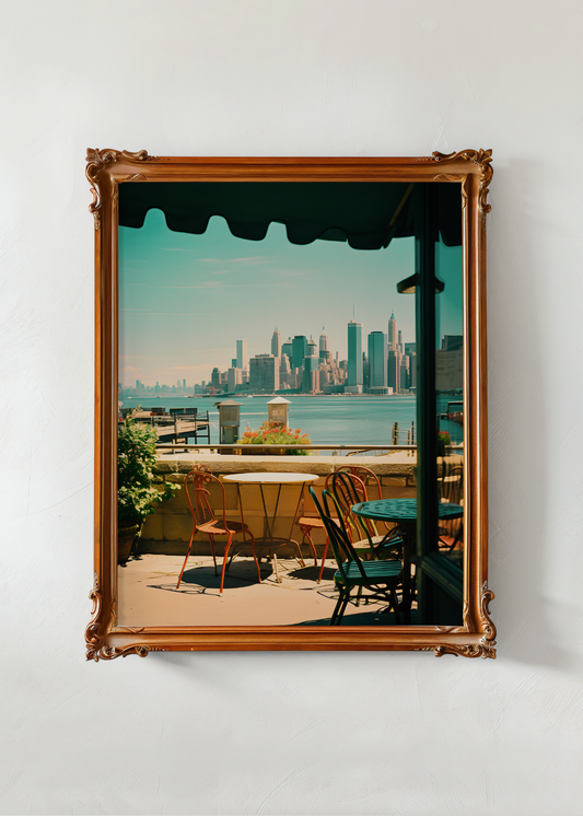 Framed artwork of a cityscape with a patio scene, displayed on a white wall.
