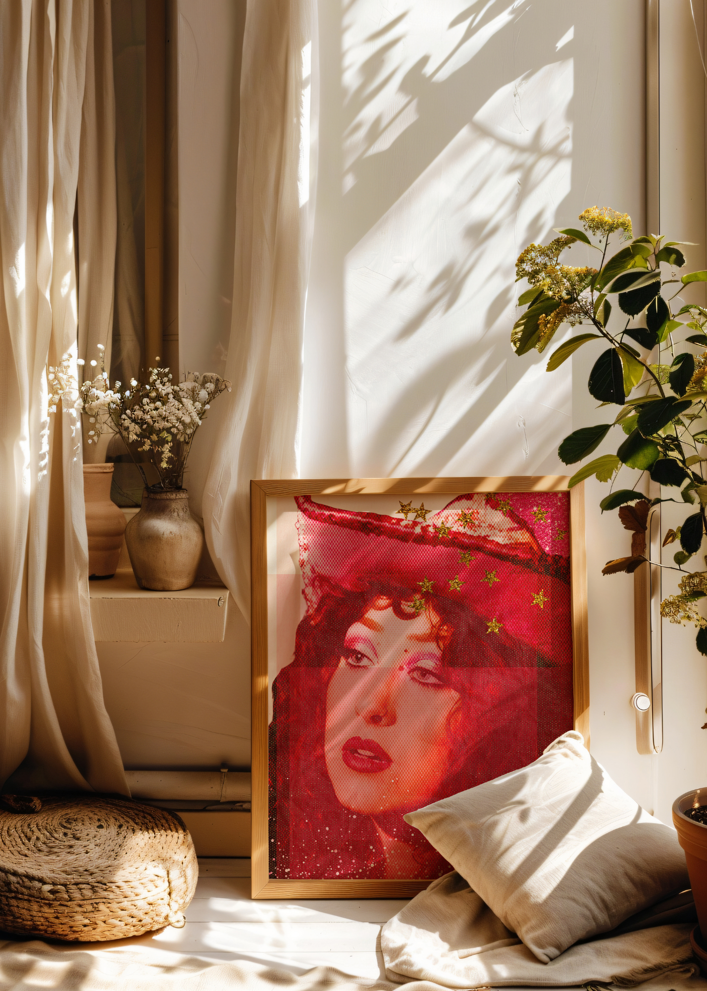 Framed artwork with a red background and Chappel Roan, placed on a surface with plants and cushions.
