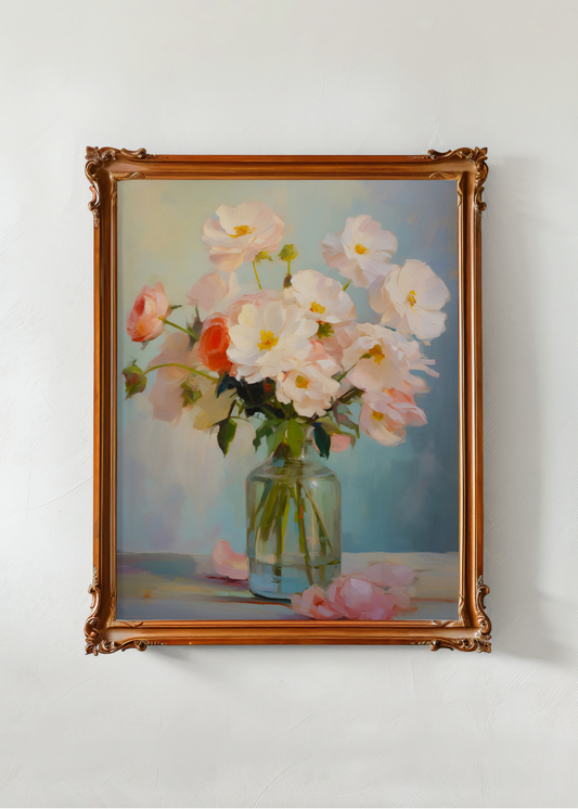 Framed painting of flowers in a vase on a white wall