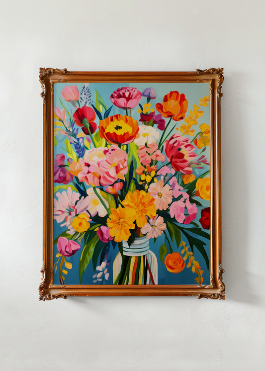 Framed painting of colorful flowers on a white wall