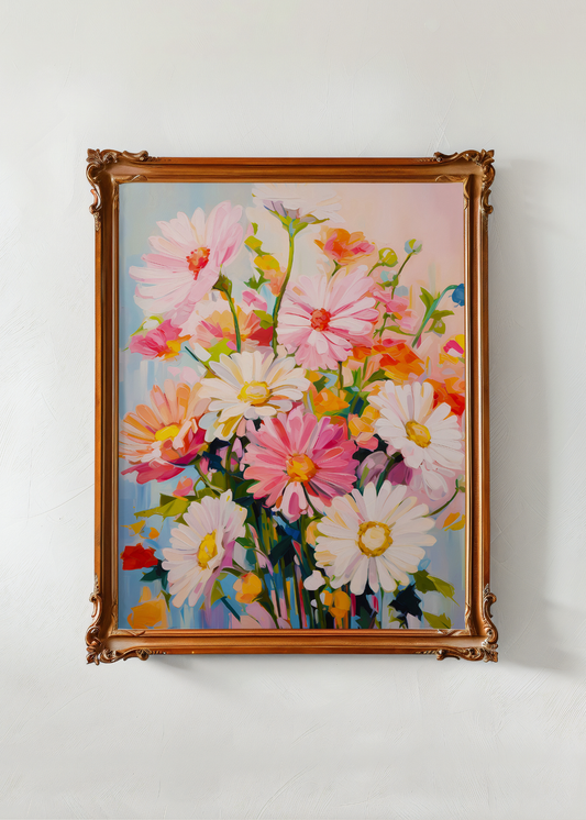 Framed painting of colorful flowers on a white wall