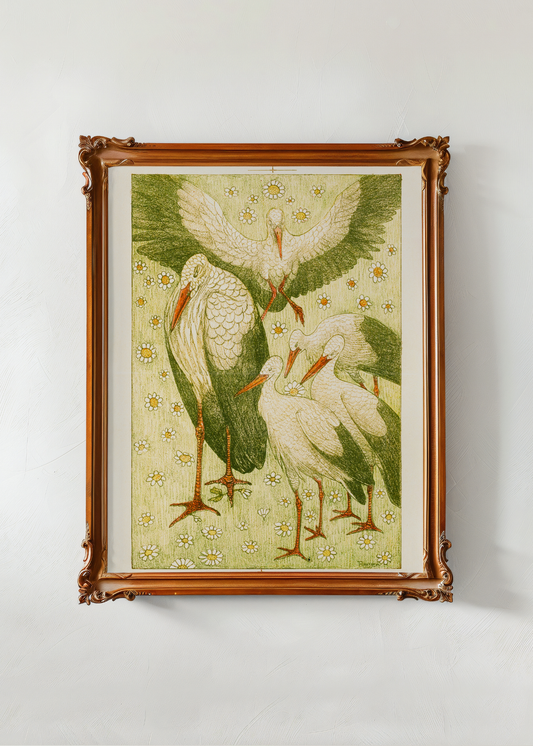 Five Storks in A Meadow— Digital Art Print