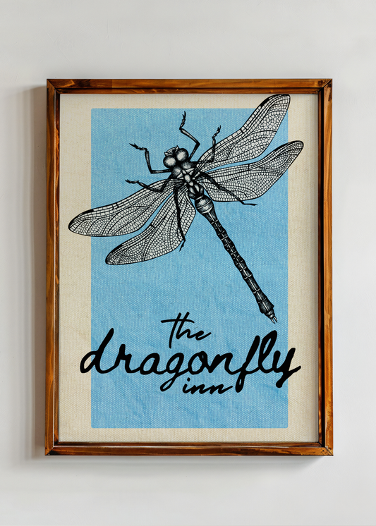 Framed artwork with a dragonfly illustration and 'the dragonfly inn' text on a blue and beige background.