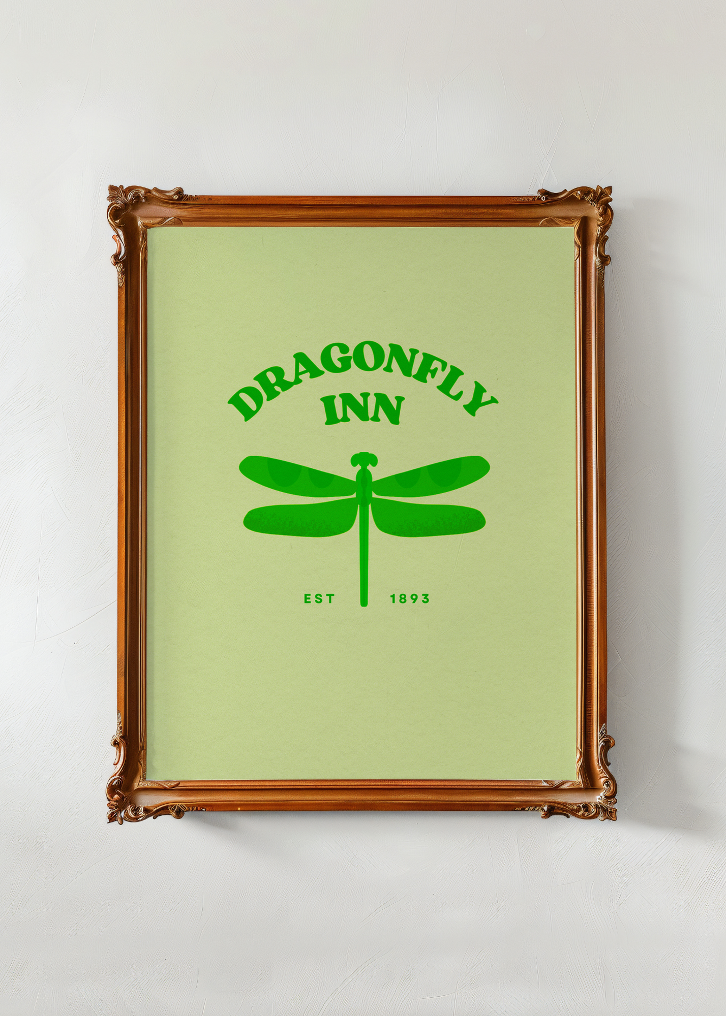 Framed poster with 'Dragonfly Inn' design on a light green background