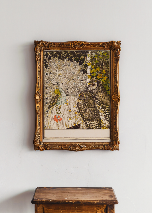 Showing Off Peacock and Two Owls— Digital Art Print