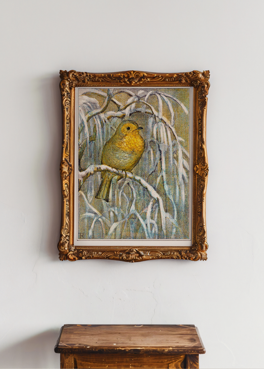 Robin on a Snowy Tree Branch— Digital Art Print