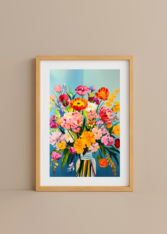 Framed artwork of a colorful bouquet of flowers on a beige wall