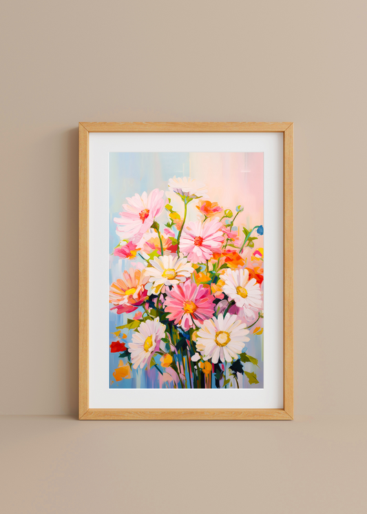 Framed artwork of a colorful bouquet of flowers on a beige wall
