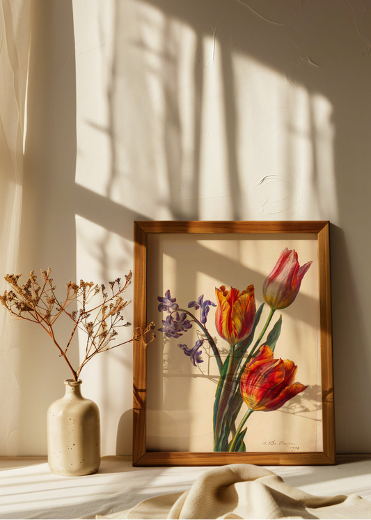 Three Tulips and a Sprig of Hyacinth— Digital Art Print