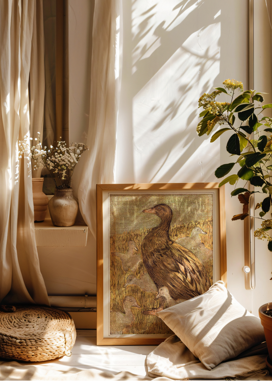 Duck with Chicks at the Waterfront— Digital Art Print