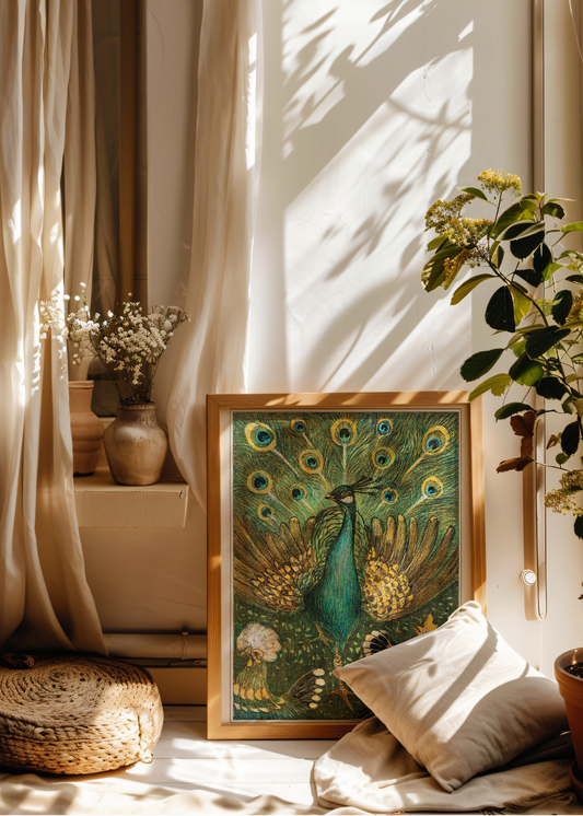 Framed artwork of a peacock in a sunlit room with plants and pillows.