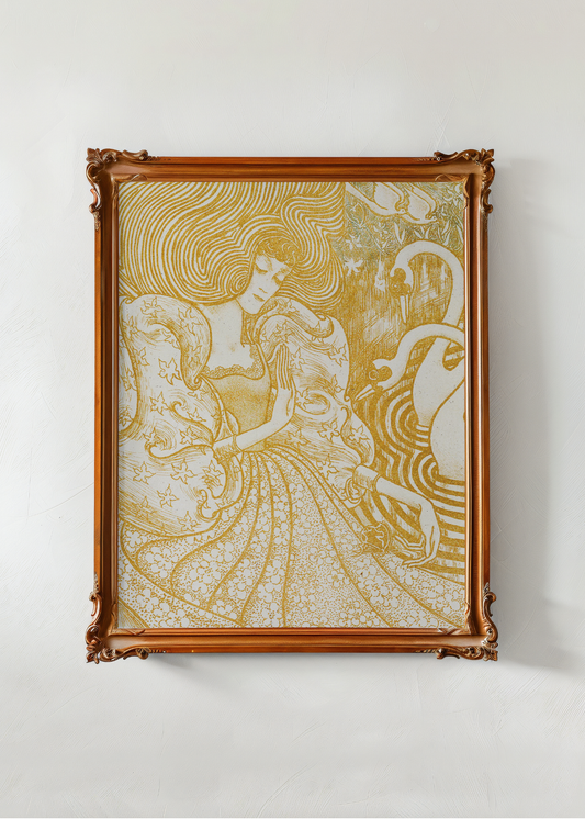 Woman with a Butterfly at a Pond with Two Swans— Digital Art Print