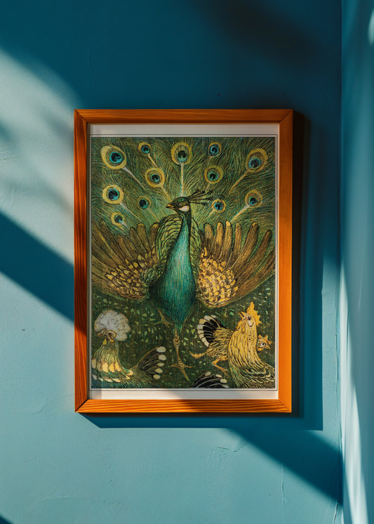 Framed artwork of a peacock on a teal wall