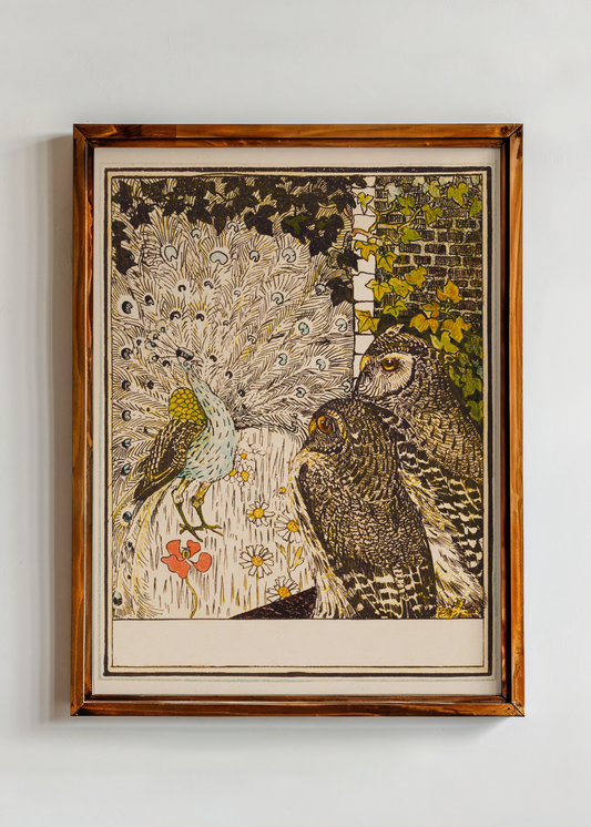 Showing Off Peacock and Two Owls— Digital Art Print