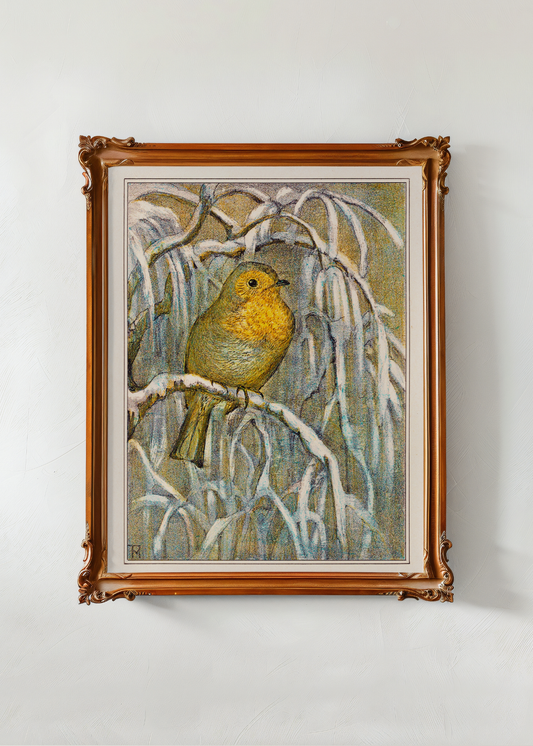 Robin on a Snowy Tree Branch— Digital Art Print