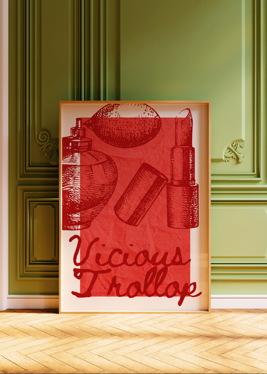 Gilmore Girls framed artwork with red lipstick and perfume bottle illustration on a green wall.